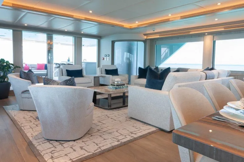 No Bad Ideas Yacht Photos Pics Luxurious interior of 2000 Trinity Yachts Trinity 160, featuring elegant seating and modern decor.