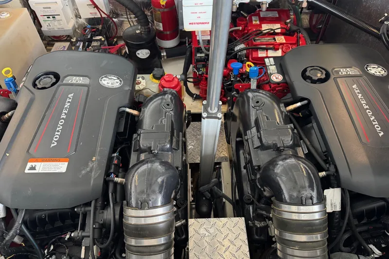  Yacht Photos Pics Engine compartment of a 2018 Regal 35 Sport Coupe with dual Volvo Penta engines.