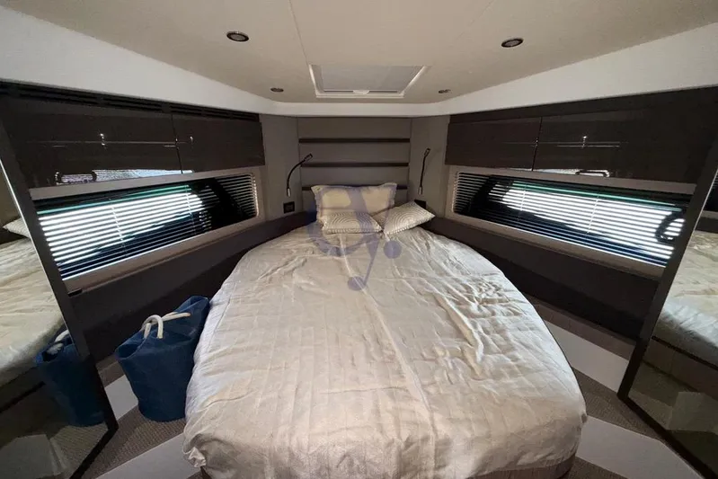 M Yacht Photos Pics Luxurious bedroom interior of 2019 Azimut Atlantis 45 yacht with modern design.