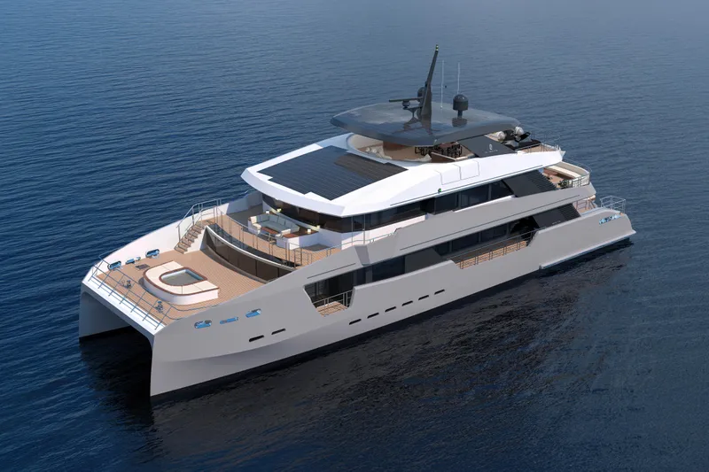  Yacht Photos Pics Luxurious 2028 CL Yachts CLC115 catamaran on serene ocean waters.