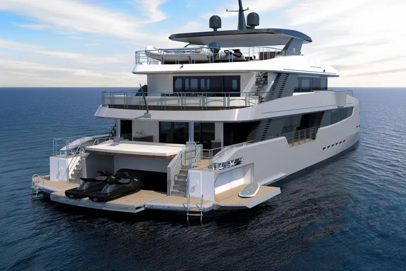  Yacht Photos Pics Luxurious 2028 CL Yachts CLC115 yacht with jet skis on the ocean.