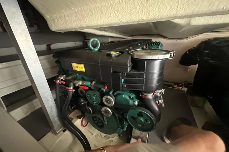  Yacht Photos Pics Engine compartment of a 2013 Prestige 500 S yacht, showcasing mechanical components.