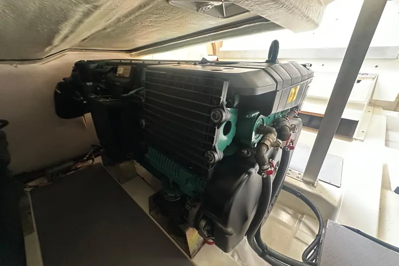  Yacht Photos Pics Engine compartment of a 2013 Prestige 500 S yacht, showcasing detailed machinery.