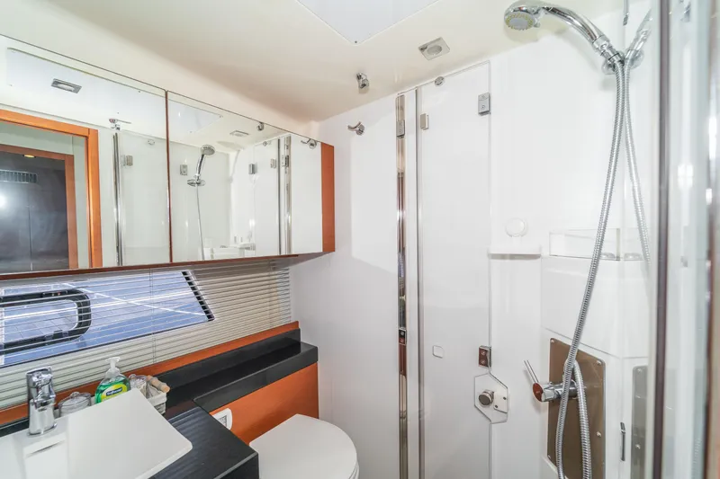  Yacht Photos Pics Luxurious bathroom in 2013 Prestige 500 S yacht with modern fixtures and shower.