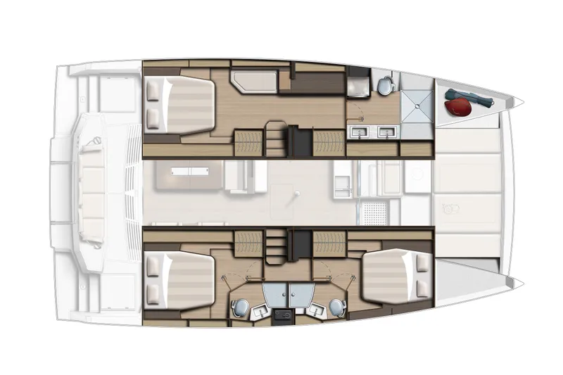 Roxy Yacht Photos Pics Floor plan of a 2022 Bali 4.4 catamaran, featuring cabins and amenities.