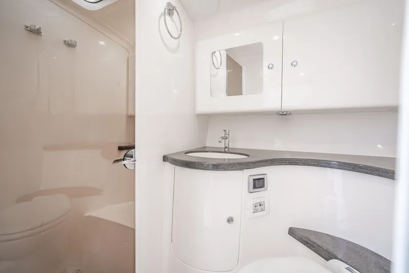  Yacht Photos Pics 2020 Intrepid 407 Cuddy bathroom with modern fixtures and sleek design.