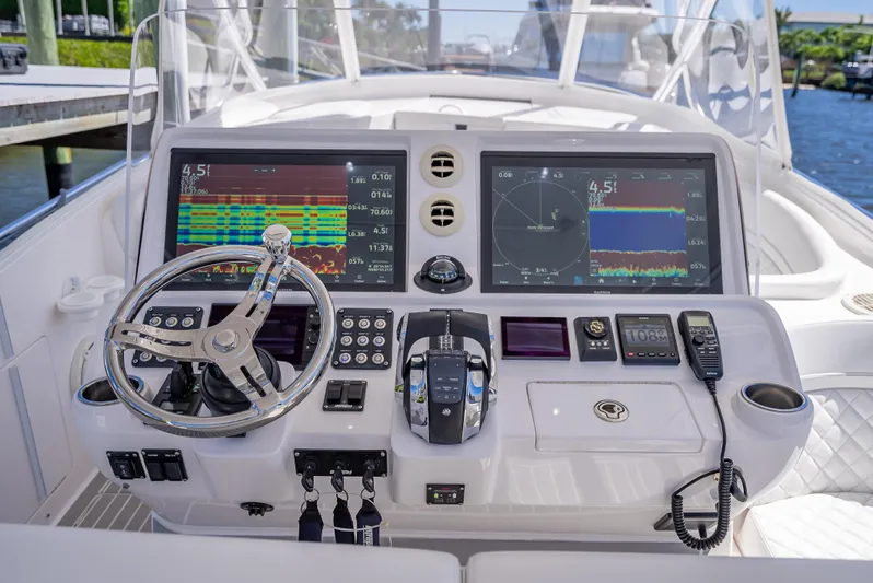  Yacht Photos Pics Intrepid 407 Cuddy 2020 boat dashboard with advanced navigation and control systems.