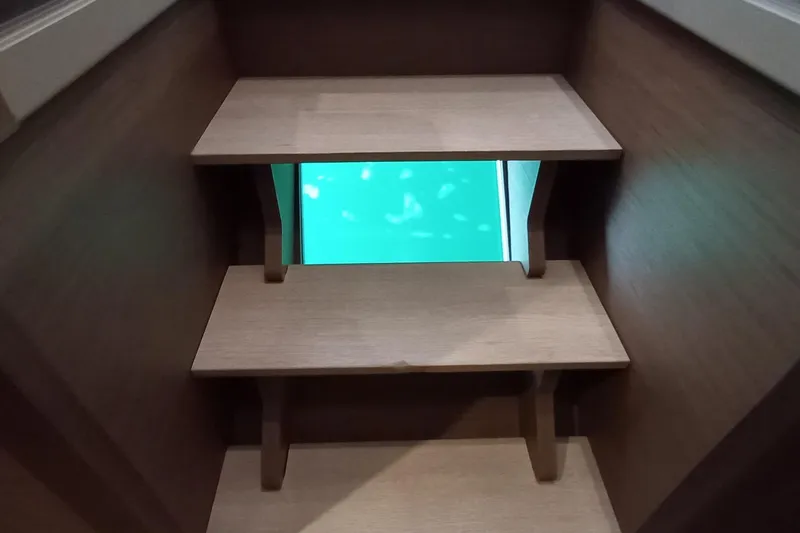 Always Sunday Yacht Photos Pics Staircase with glass floor on 2020 Lagoon 42 yacht, showcasing underwater view.