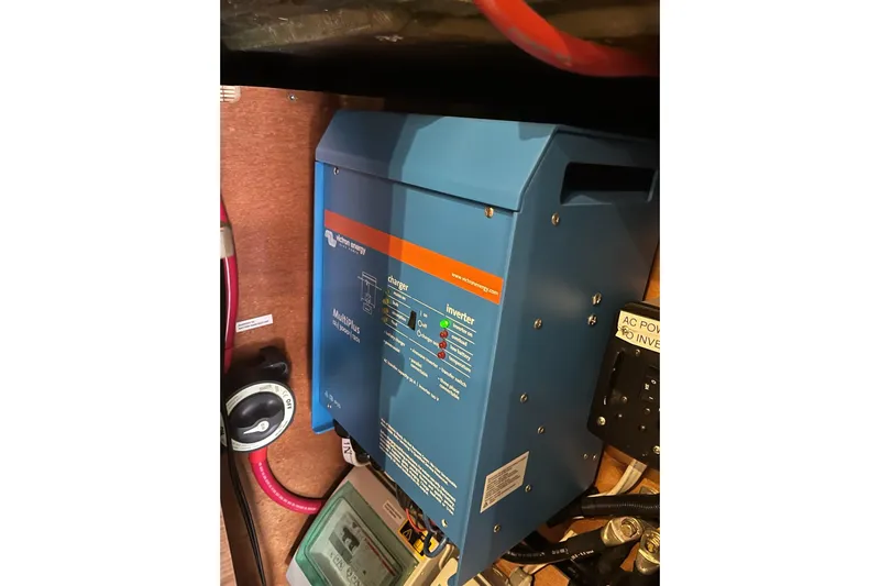 Always Sunday Yacht Photos Pics Victron Energy inverter in a 2020 Lagoon 42 yacht, showcasing electrical setup.