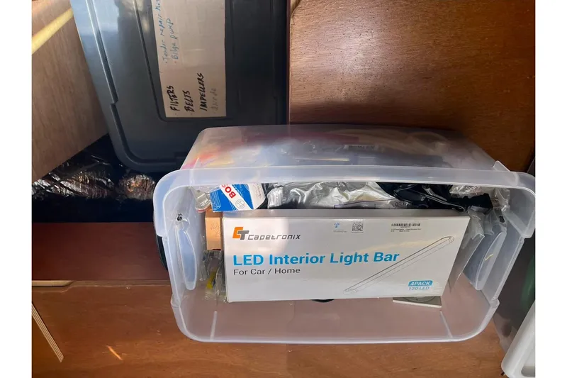 Always Sunday Yacht Photos Pics Storage box with LED interior light bar, aboard a 2020 Lagoon 42.