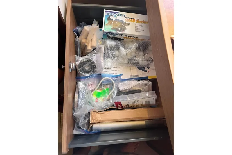 Always Sunday Yacht Photos Pics Drawer with assorted boat parts and accessories for Lagoon 42, 2020 model.