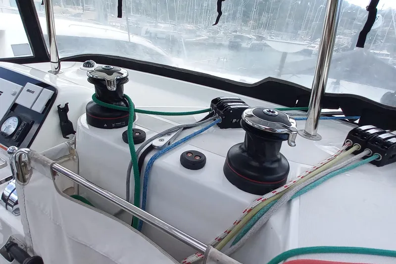 Always Sunday Yacht Photos Pics Cockpit of 2020 Lagoon 42 catamaran with winches and control lines.