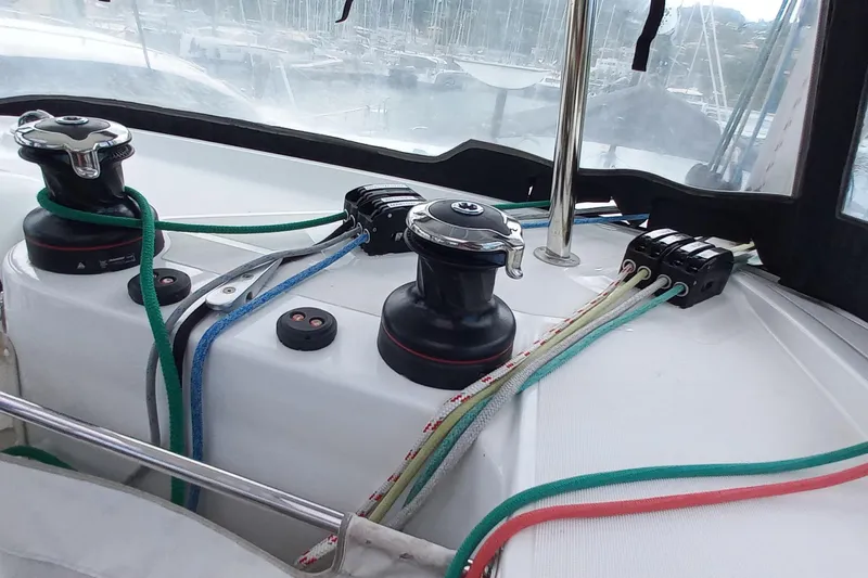 Always Sunday Yacht Photos Pics Sailing equipment on 2020 Lagoon 42 catamaran with winches and colorful ropes.