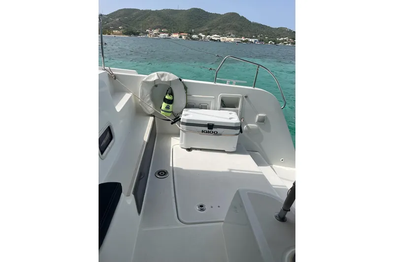 Always Sunday Yacht Photos Pics Lagoon 42 catamaran deck with Igloo cooler, scenic ocean view, 2020 model.