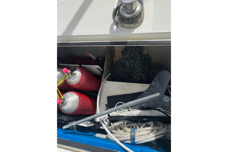 Always Sunday Yacht Photos Pics Storage compartment on a 2020 Lagoon 42 boat with equipment and supplies.