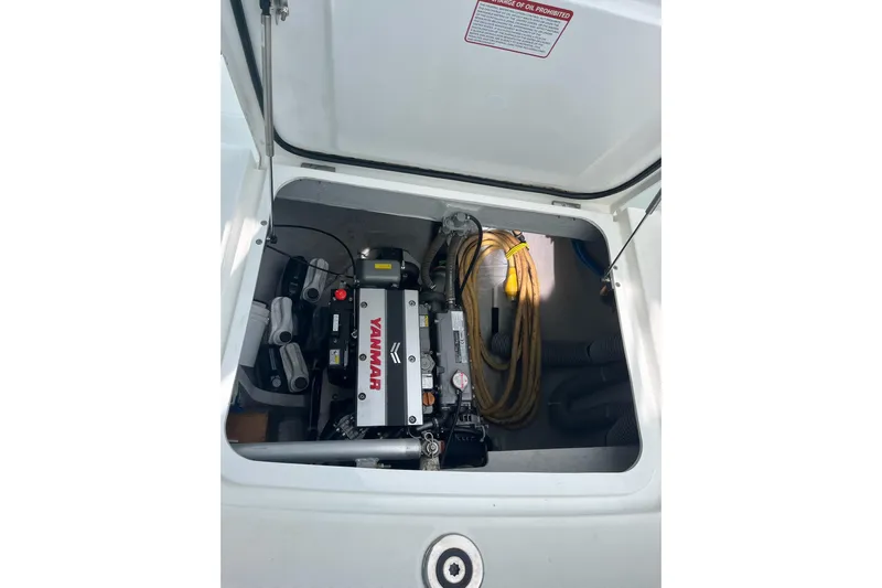 Always Sunday Yacht Photos Pics Engine compartment of 2020 Lagoon 42 catamaran with Yanmar engine visible.