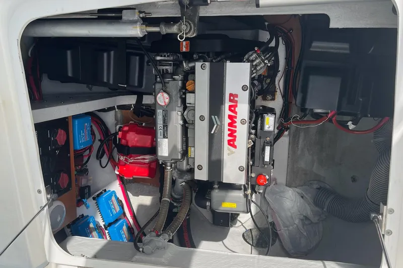 Always Sunday Yacht Photos Pics Engine compartment of a 2020 Lagoon 42 catamaran with Yanmar engine and electrical components.