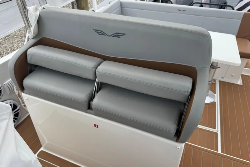  Yacht Photos Pics 2024 Beneteau Flyer 9 SUNdeck interior with gray cushioned seating and modern design.