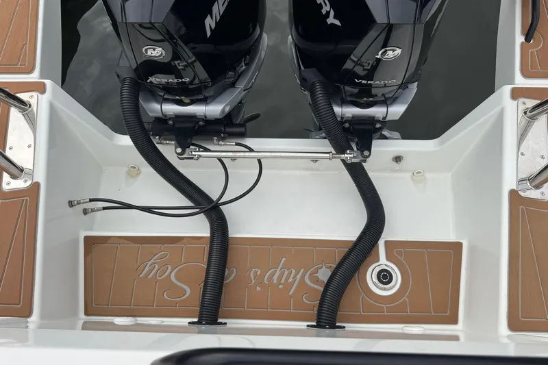  Yacht Photos Pics 2024 Beneteau Flyer 9 SUNdeck boat with dual Mercury outboard engines.