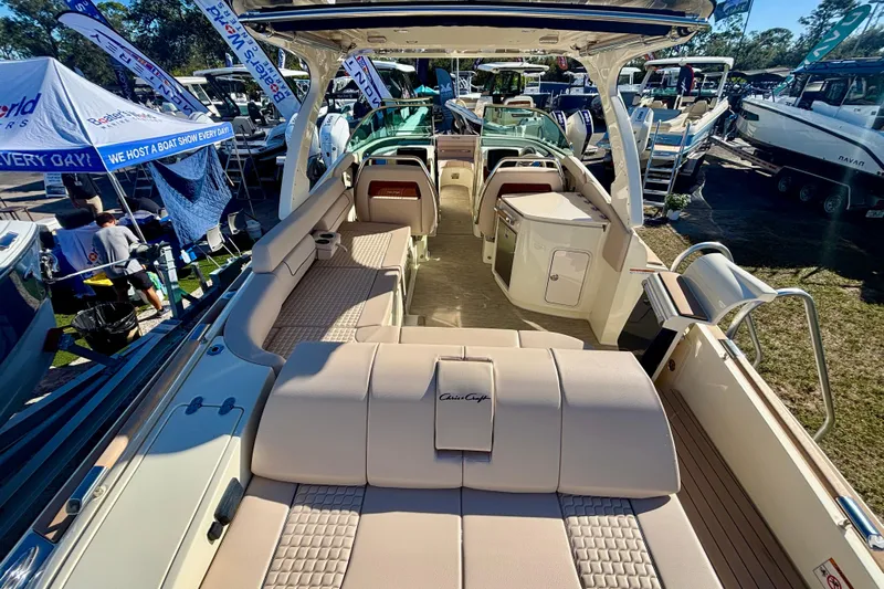  Yacht Photos Pics 2026 Chris-Craft Launch 31 GT luxury boat interior at outdoor boat show.