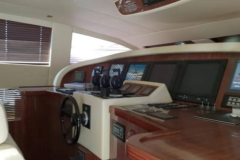  Yacht Photos Pics Luxurious Leopard 105 yacht helm with advanced navigation controls, 2008 model.