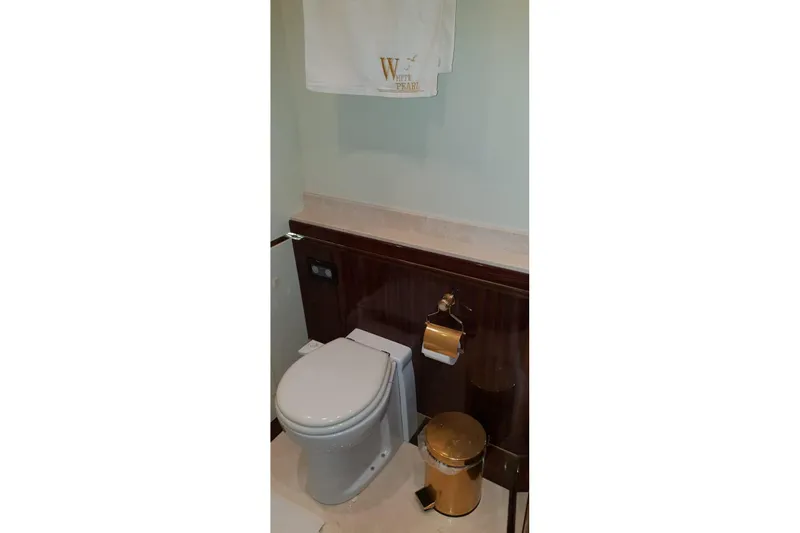  Yacht Photos Pics Luxury yacht bathroom with toilet, gold accents, and towel. Leopard 105, 2008 model.