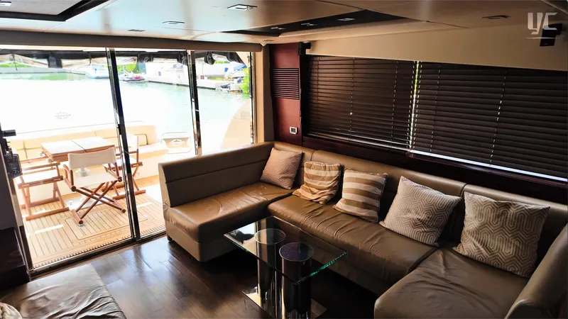 Phantom Yacht Photos Pics Luxurious interior of 2011 Sunseeker Manhattan 63 yacht with plush seating and elegant decor.