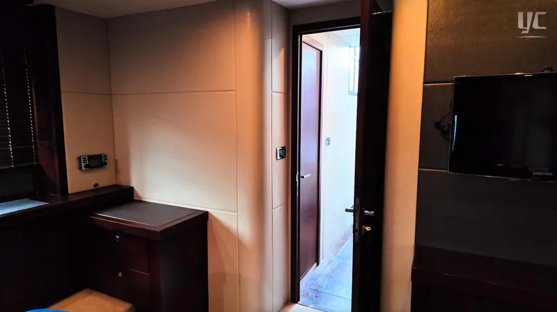 Phantom Yacht Photos Pics Interior of 2011 Sunseeker Manhattan 63 yacht, featuring a hallway and wall-mounted TV.