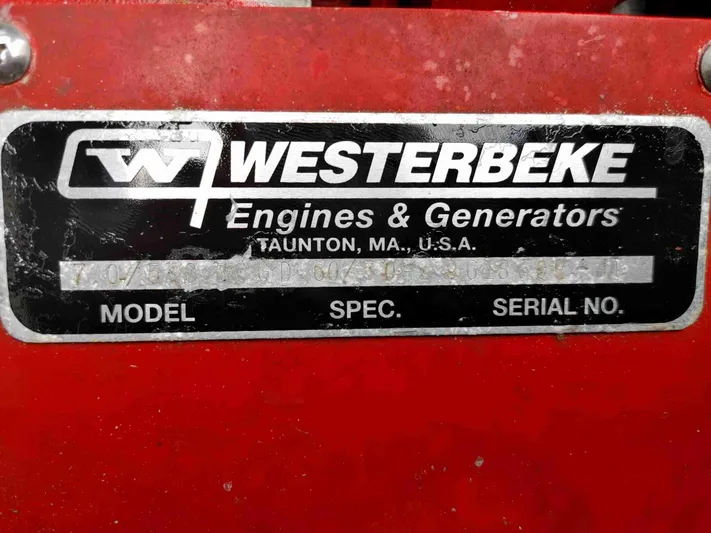  Yacht Photos Pics Westerbeke engine label on red surface, Intrepid 377 Walkaround, 2002 model.