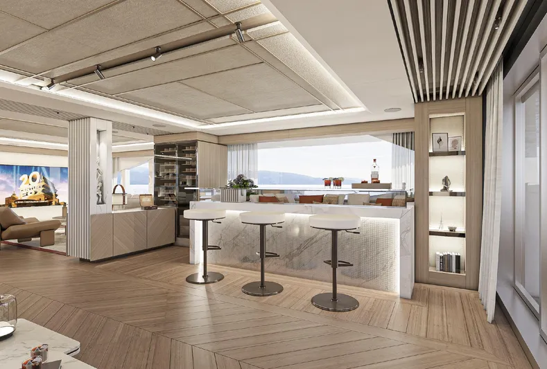 Numarine 45xp Yacht Photos Pics Luxurious interior of 2027 Numarine 45XP yacht with modern bar and seating area.