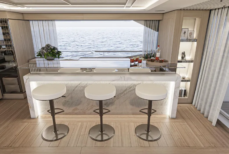 Numarine 45xp Yacht Photos Pics Luxurious interior of 2027 Numarine 45XP yacht with modern bar and ocean view.