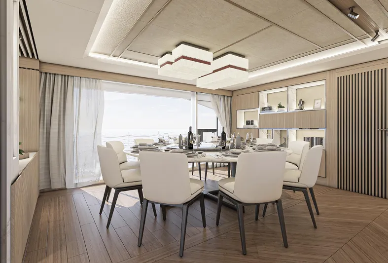 Numarine 45xp Yacht Photos Pics Luxurious dining area on 2027 Numarine 45XP yacht with elegant decor and panoramic views.