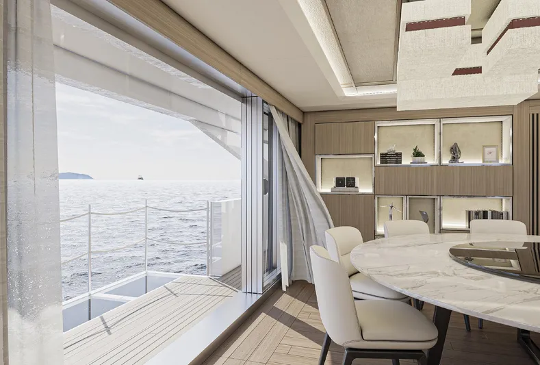 Numarine 45xp Yacht Photos Pics Luxurious interior of 2027 Numarine 45XP yacht with ocean view and elegant dining area.