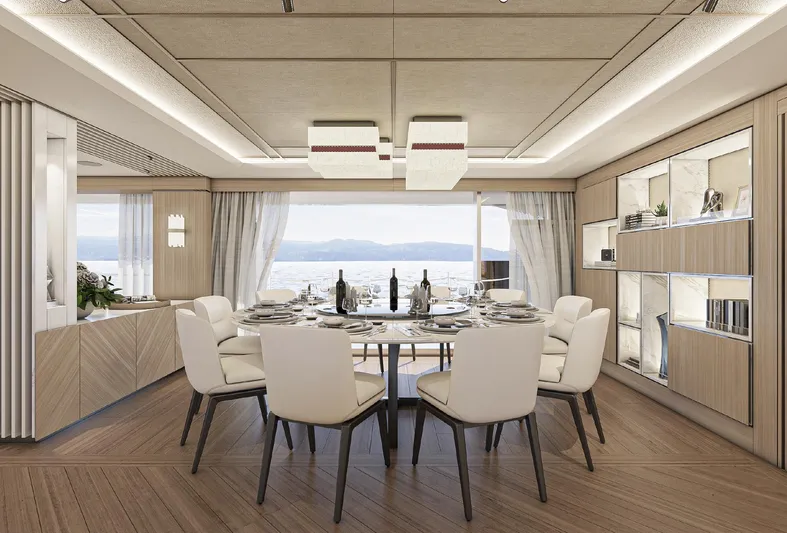 Numarine 45xp Yacht Photos Pics Luxurious dining area on 2027 Numarine 45XP yacht with elegant decor and sea view.