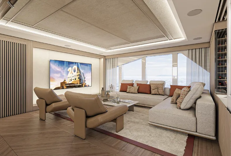 Numarine 45xp Yacht Photos Pics Luxurious interior of 2027 Numarine 45XP yacht with modern seating and large windows.