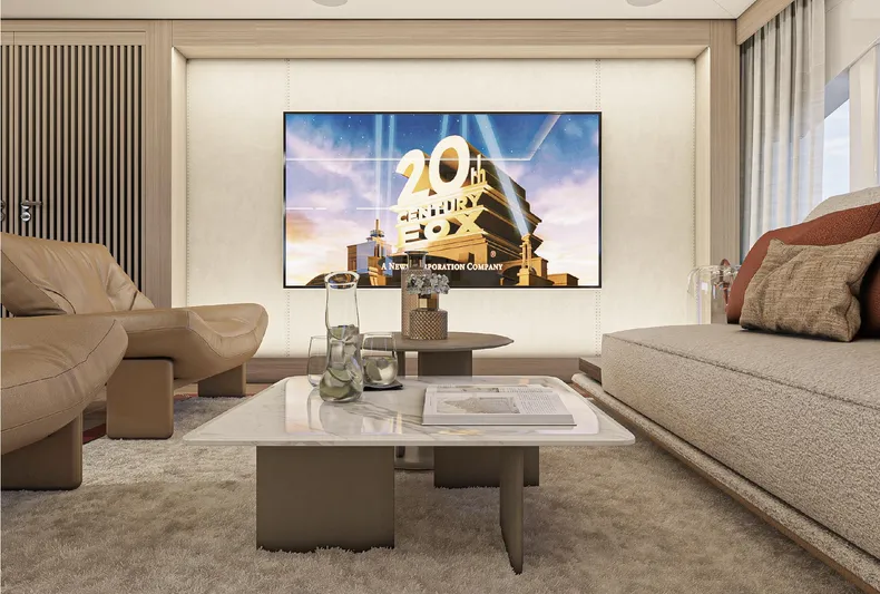 Numarine 45xp Yacht Photos Pics Luxurious interior of 2027 Numarine 45XP yacht with modern furnishings and entertainment system.