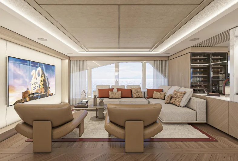 Numarine 45xp Yacht Photos Pics Luxurious interior of 2027 Numarine 45XP yacht with modern seating and large windows.