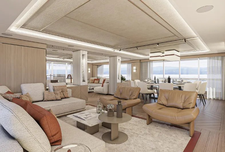 Numarine 45xp Yacht Photos Pics Luxurious interior of 2027 Numarine 45XP yacht with modern furnishings and panoramic windows.