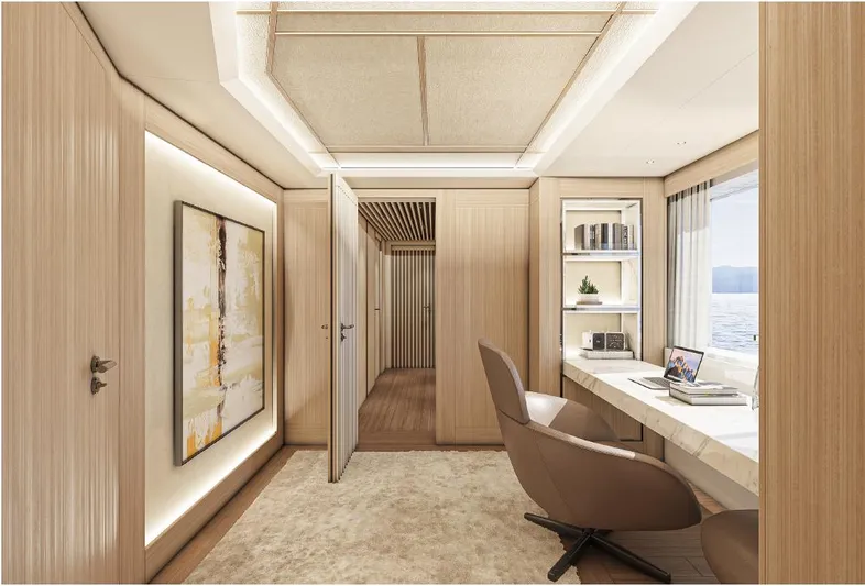 Numarine 45xp Yacht Photos Pics Luxurious interior of 2027 Numarine 45XP yacht with modern office space and ocean view.