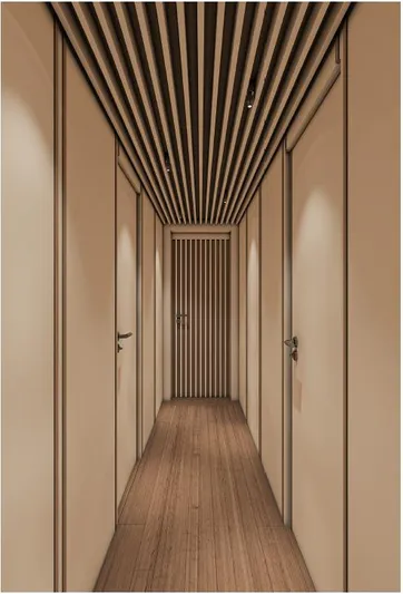 Numarine 45xp Yacht Photos Pics Modern hallway interior of 2027 Numarine 45XP yacht with wooden flooring and sleek design.