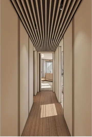 Numarine 45xp Yacht Photos Pics Modern interior hallway of 2027 Numarine 45XP yacht, featuring sleek design and wood accents.