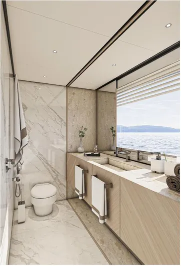 Numarine 45xp Yacht Photos Pics Luxurious bathroom on 2027 Numarine 45XP yacht with marble and ocean view.