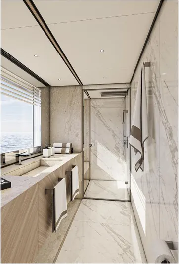 Numarine 45xp Yacht Photos Pics Luxurious bathroom interior on 2027 Numarine 45XP yacht with marble and wood finishes.