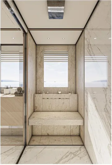 Numarine 45xp Yacht Photos Pics Luxurious marble bathroom interior on 2027 Numarine 45XP yacht.