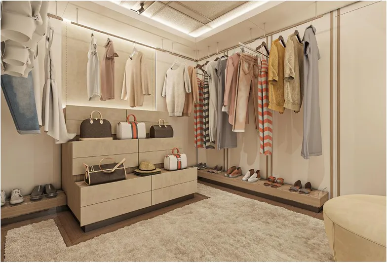 Numarine 45xp Yacht Photos Pics Luxurious walk-in closet on Numarine 45XP 2027 yacht, featuring elegant clothing and accessories.