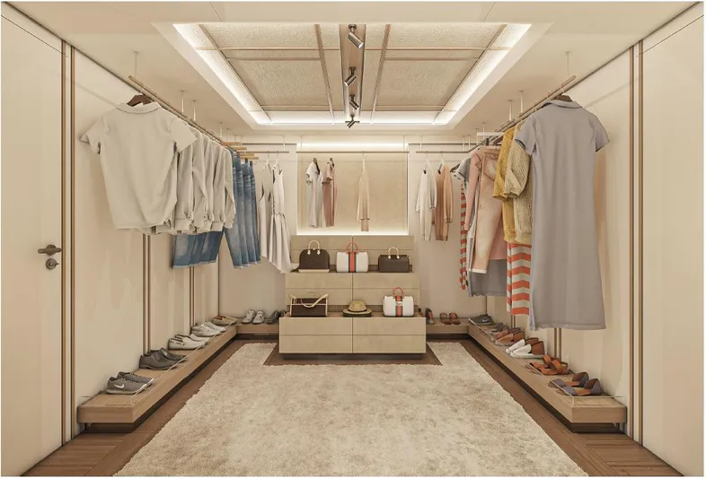 Numarine 45xp Yacht Photos Pics Luxurious walk-in closet on 2027 Numarine 45XP yacht, featuring elegant clothing and accessories.