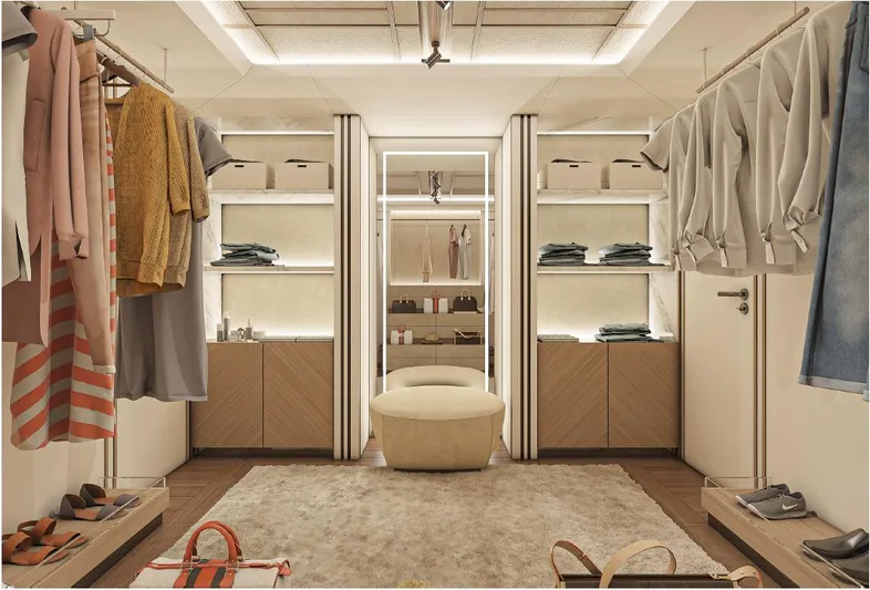 Numarine 45xp Yacht Photos Pics Luxurious walk-in closet on Numarine 45XP yacht, 2027 model, featuring elegant shelving and seating.