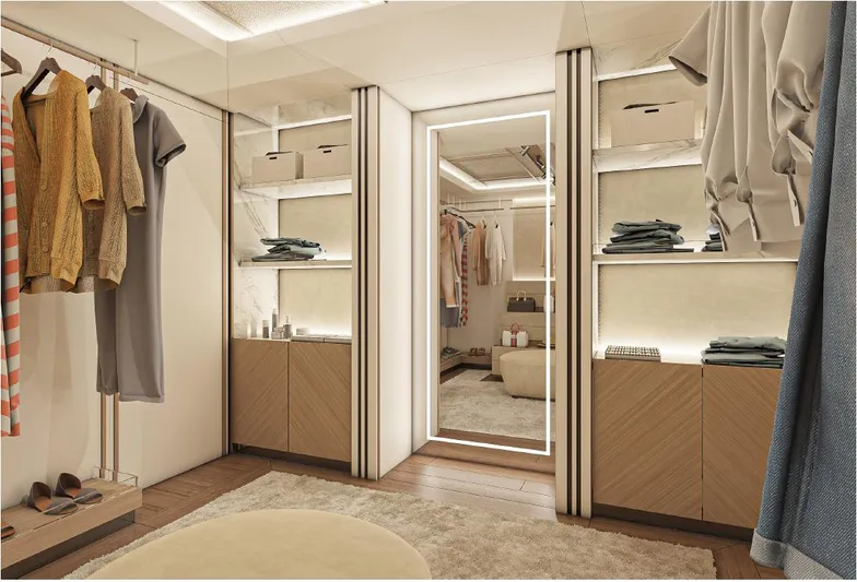 Numarine 45xp Yacht Photos Pics Luxurious walk-in closet on the 2027 Numarine 45XP yacht, featuring elegant shelving and modern design.