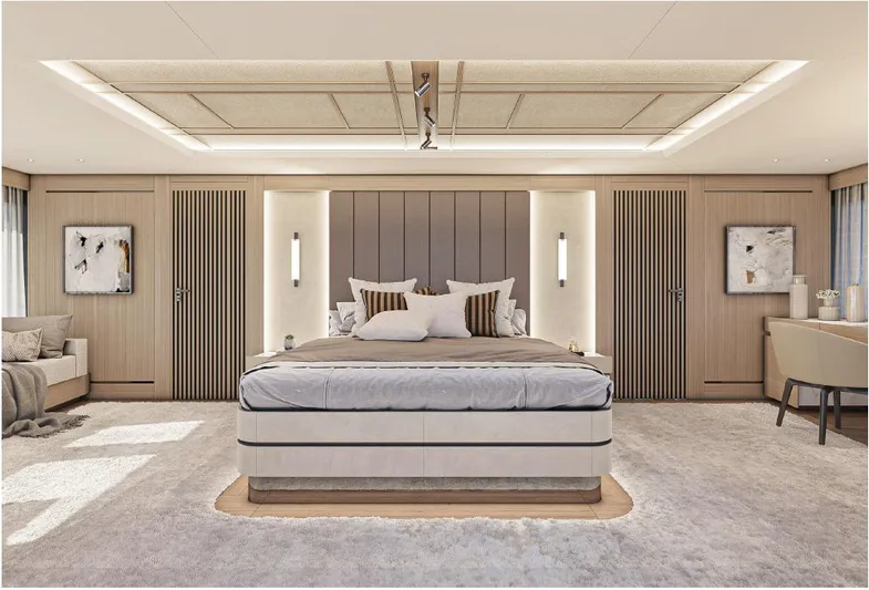 Numarine 45xp Yacht Photos Pics Luxurious bedroom interior on 2027 Numarine 45XP yacht, featuring modern design and elegant furnishings.