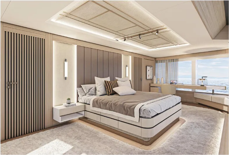 Numarine 45xp Yacht Photos Pics Luxurious bedroom interior on 2027 Numarine 45XP yacht, featuring modern design and ocean view.